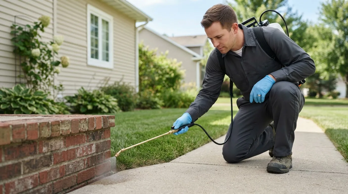 Pest control technician treating a home near Hillsboro, KS